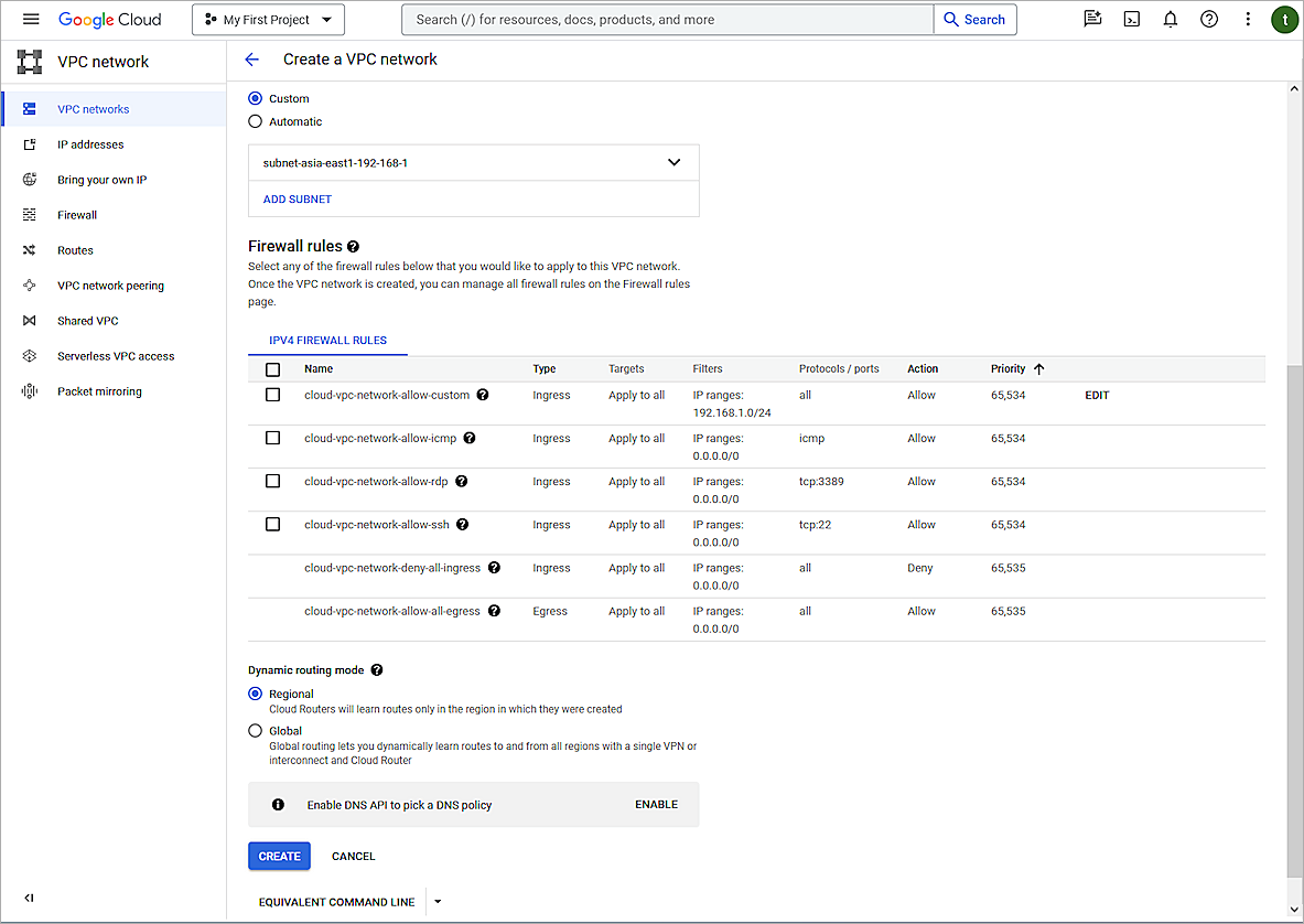 Screenshot of tcreating VPC network 002 in Google Cloud